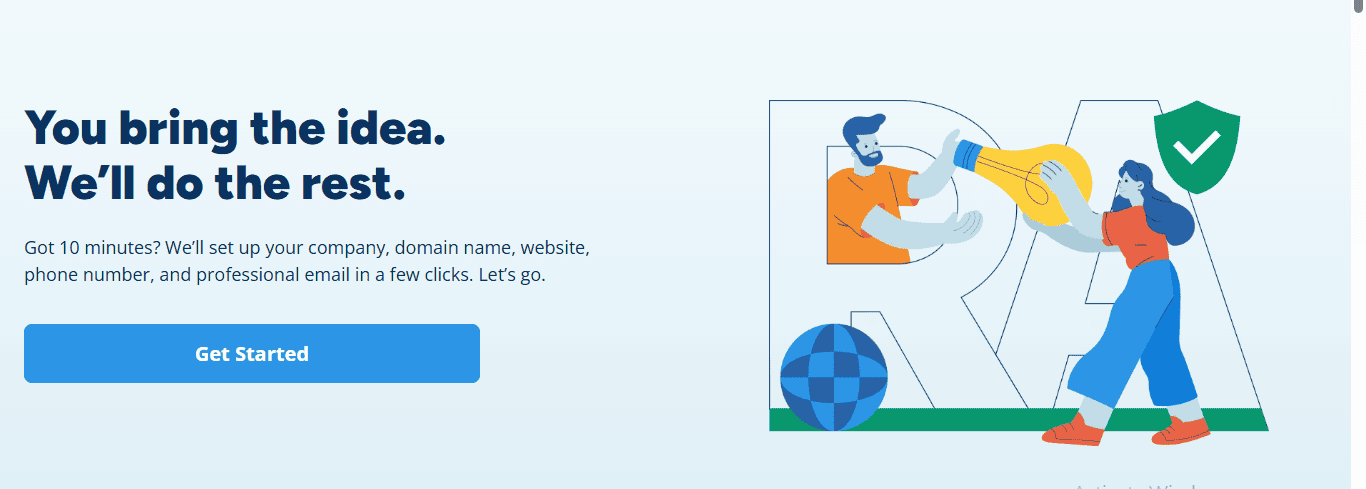 Business formation banner with company setup, a domain, website, phone number, and professional email all on offer alongside an illustration of people with a lightbulb.