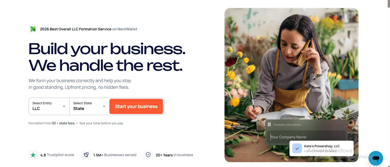  LLC formation homepage with a florist on the phone, entity and state drop downs and a 'Start your business' button.