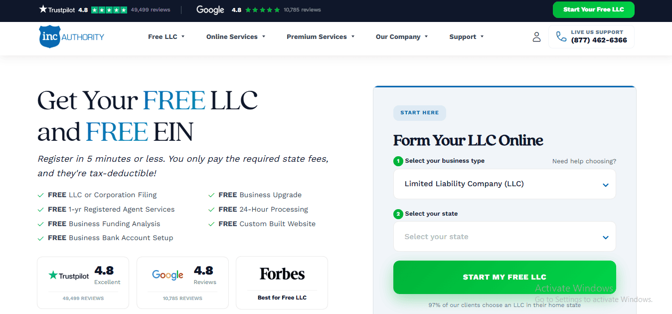 The Inc Authority site has free LLC formation and a free EIN. There's also a form on the site where you can select your business type and state.