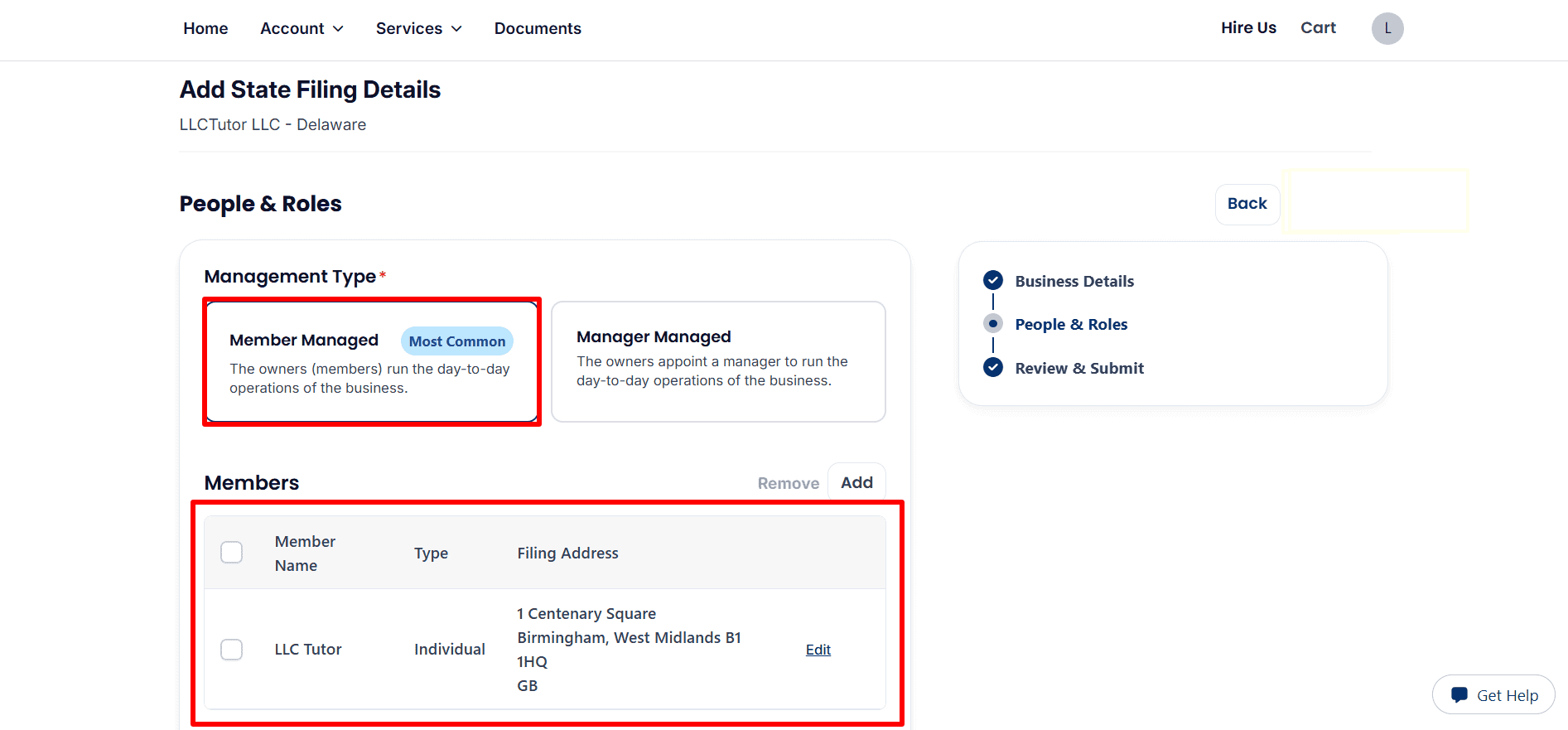 The People and Roles page for LLCTutor LLC has Member Managed selected with a member at a UK filing address.