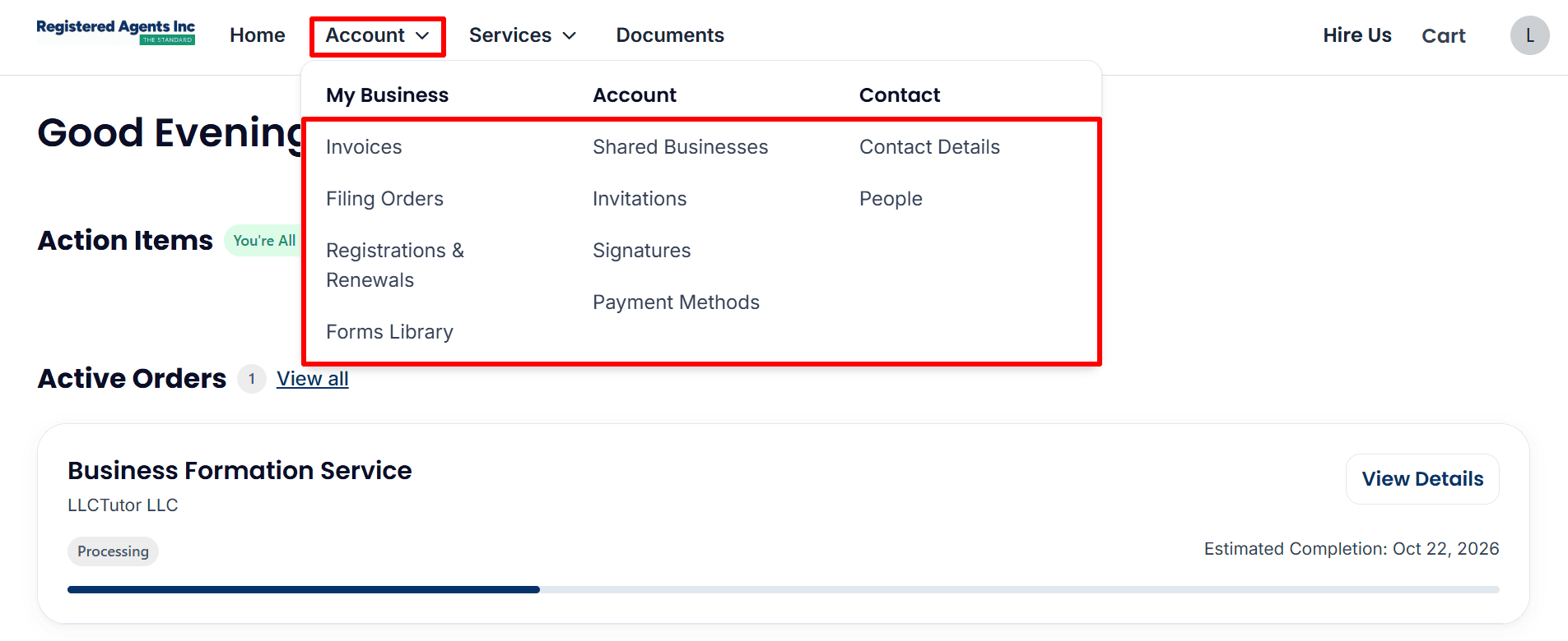 Expanded Account menu showing invoices, filing orders, renewals, contact details, and payment methods.