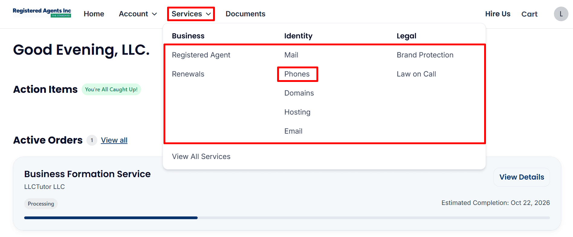Services menu with 'Phones' selected under Identity (the other options being Mail, Domains, Hosting and Email)