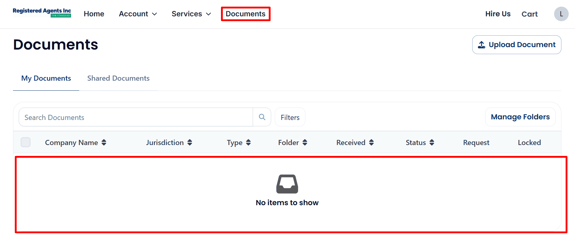 Documents page with My Documents selected and an empty document list displaying 'No items to show'.