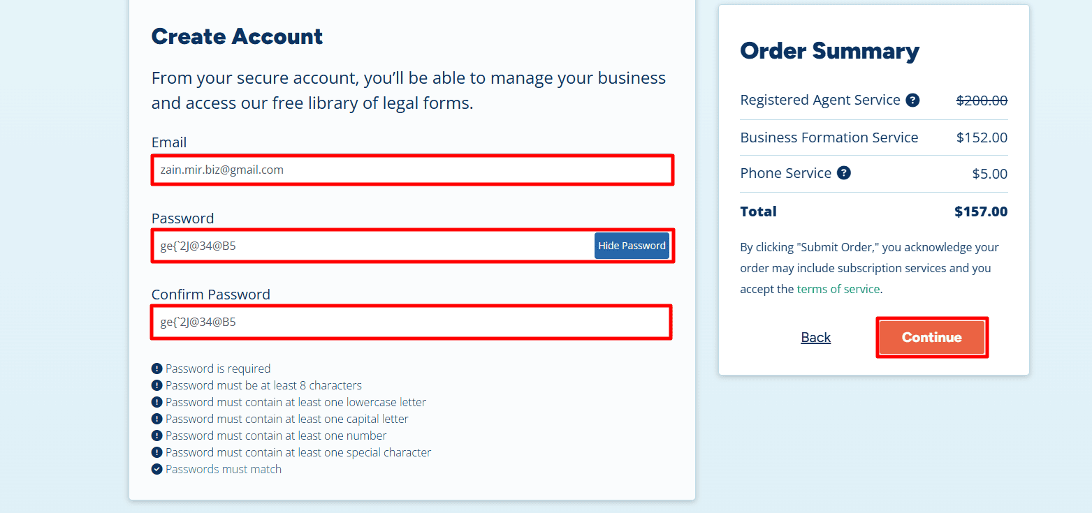 Creating a secure account for the LLC dashboard.