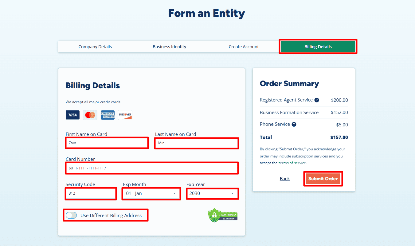Submitting the payment for New Mexico LLC formation.