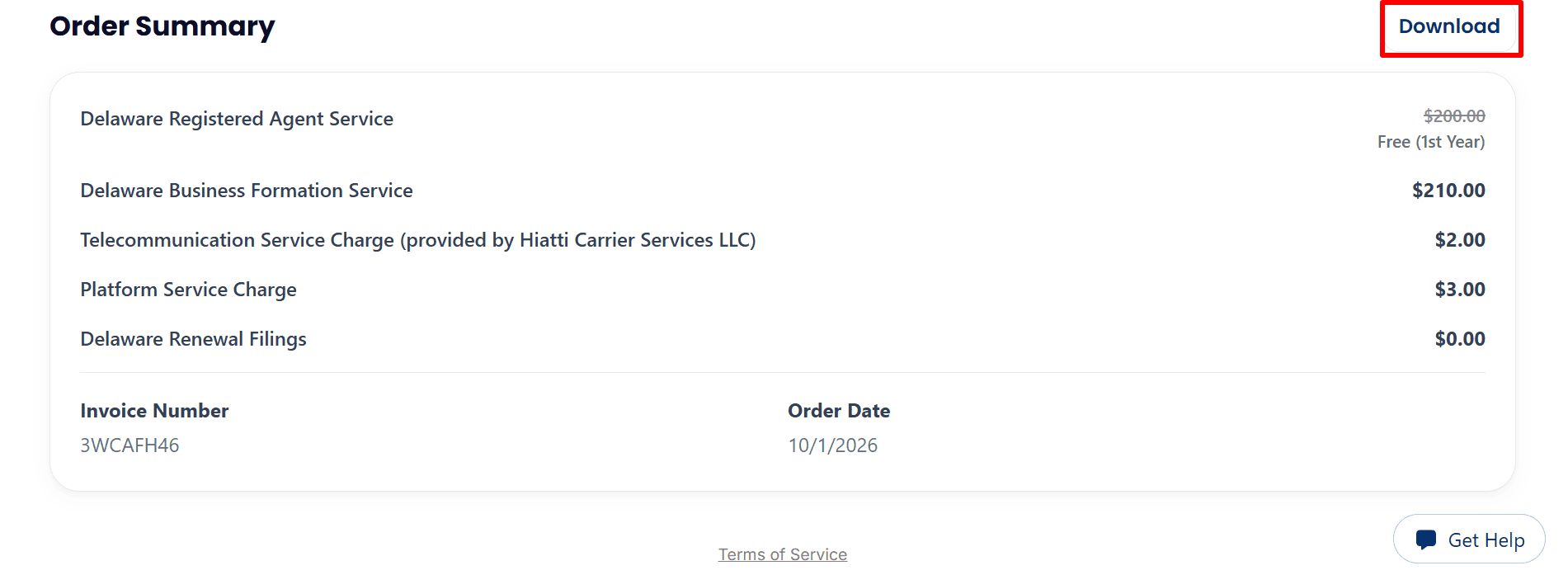 Delaware LLC order summary showing formation service fees, first year registered agent service and an invoice download button.