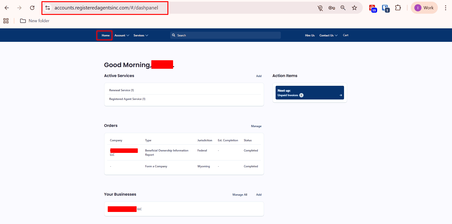 registered agent dashboard home