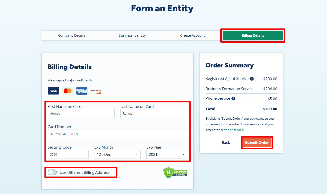 llc formation payment and billing details