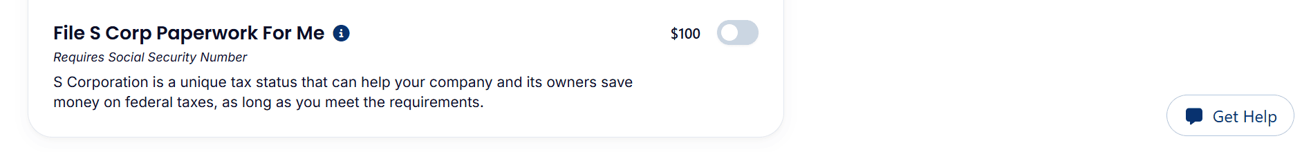 Optional S corp paperwork service at $100 with the toggle off.