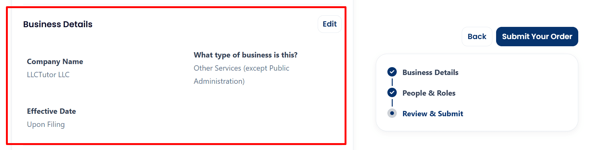  Business details summary showing LLCTutor LLC, business category and Upon Filing effective date.