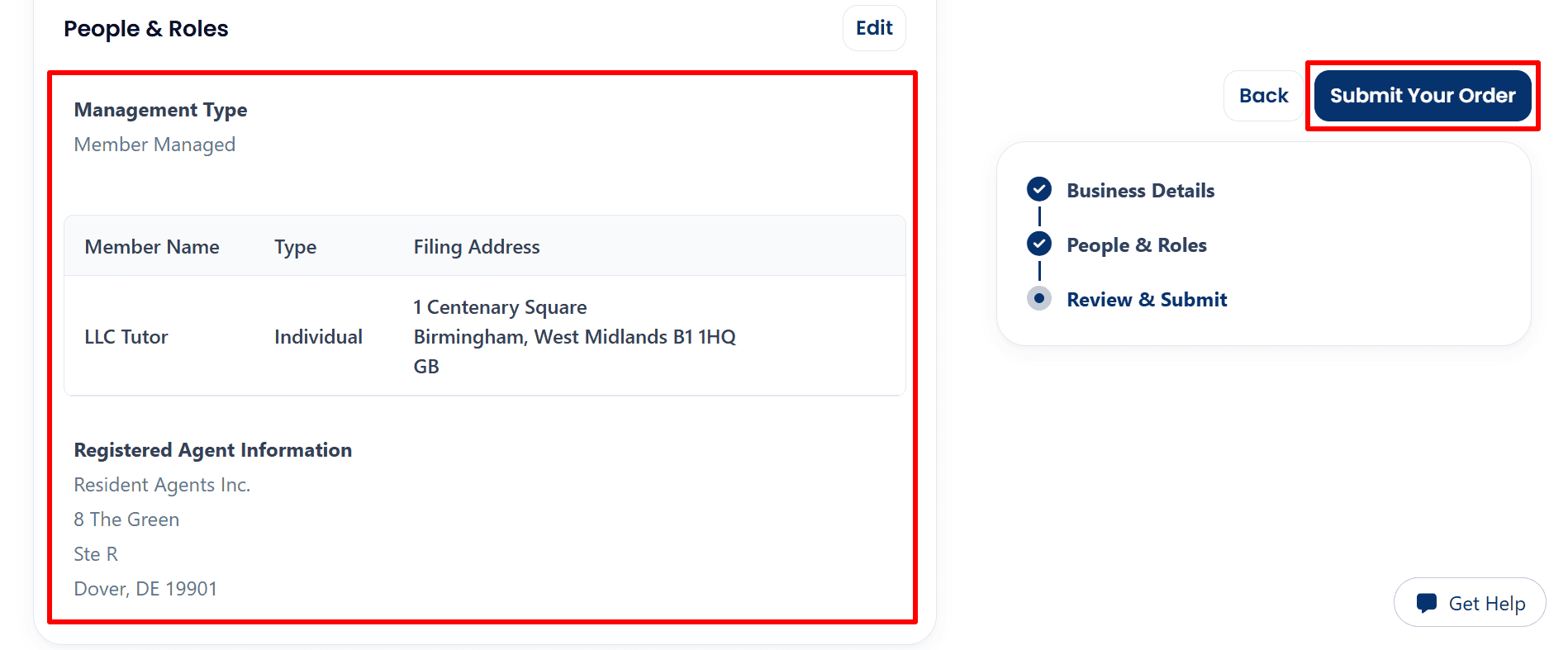  Final LLC review showing member-managed structure, member filing details, registered agent information ,and the Submit Your Order button.
