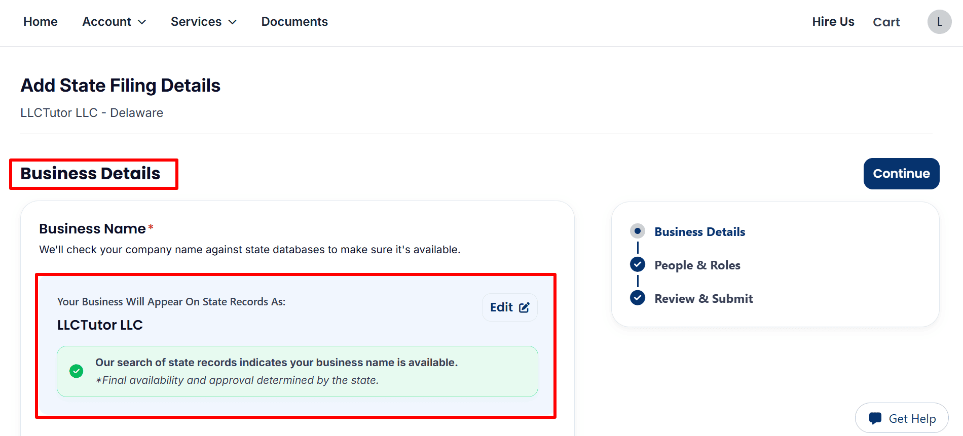  Delaware LLC business details page showing LLCTutor LLC and a preliminary name availability check