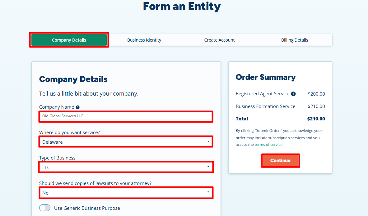 Entering LLC name OM Global Services LLC & Selecting Delaware for LLC formation. Select a unique name for your LLC & Select Delaware as your formation state.