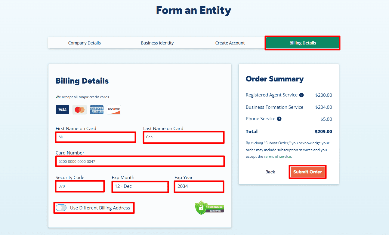 LLC Formation Billing and Payment Page