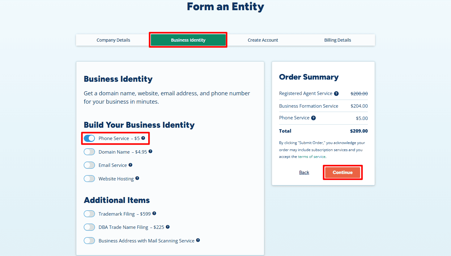Business Identity and Phone Service Options