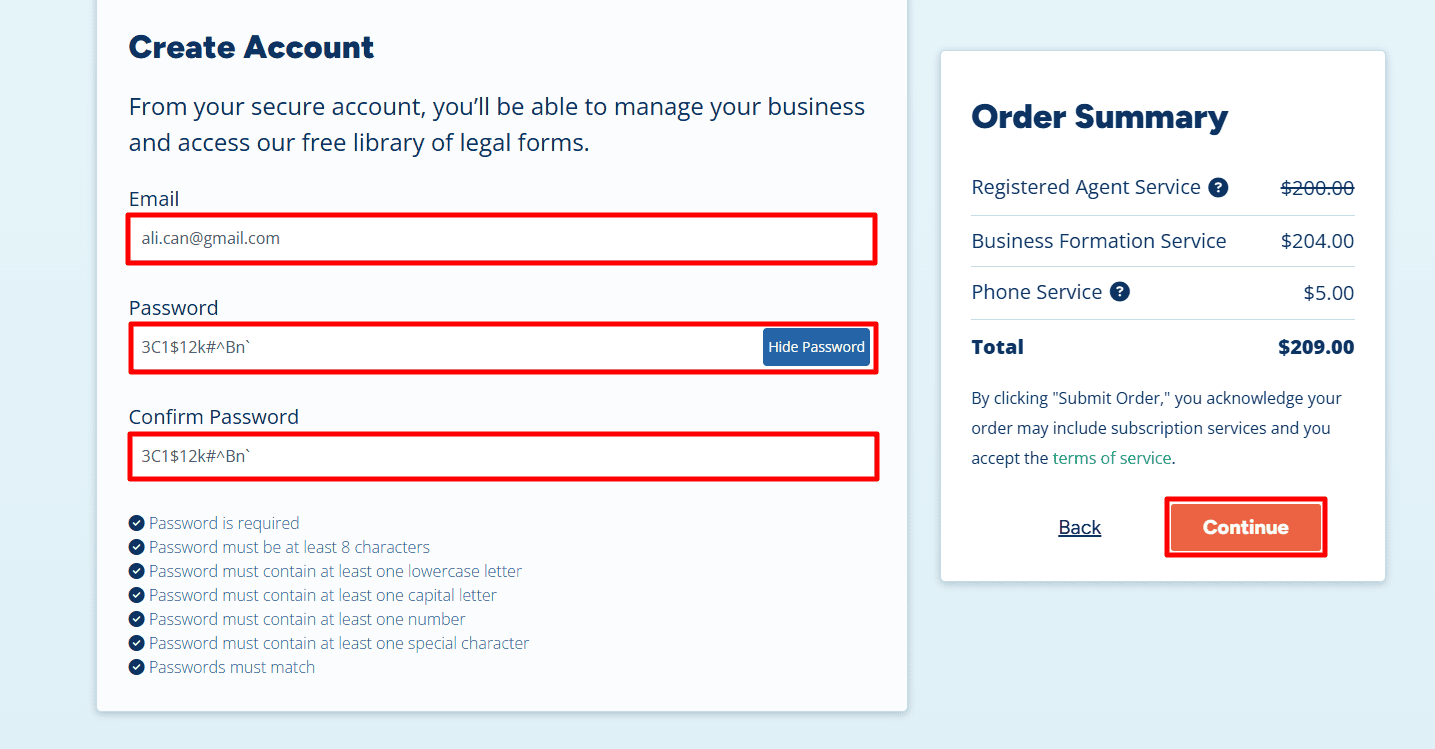 Create Account Email and Password Screen