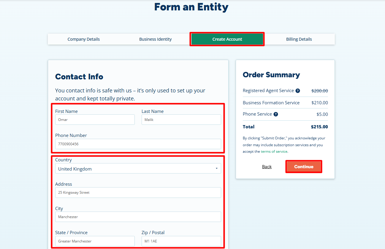 Filling out personal contact information