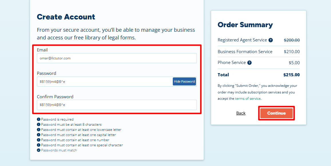 Filling out email and password