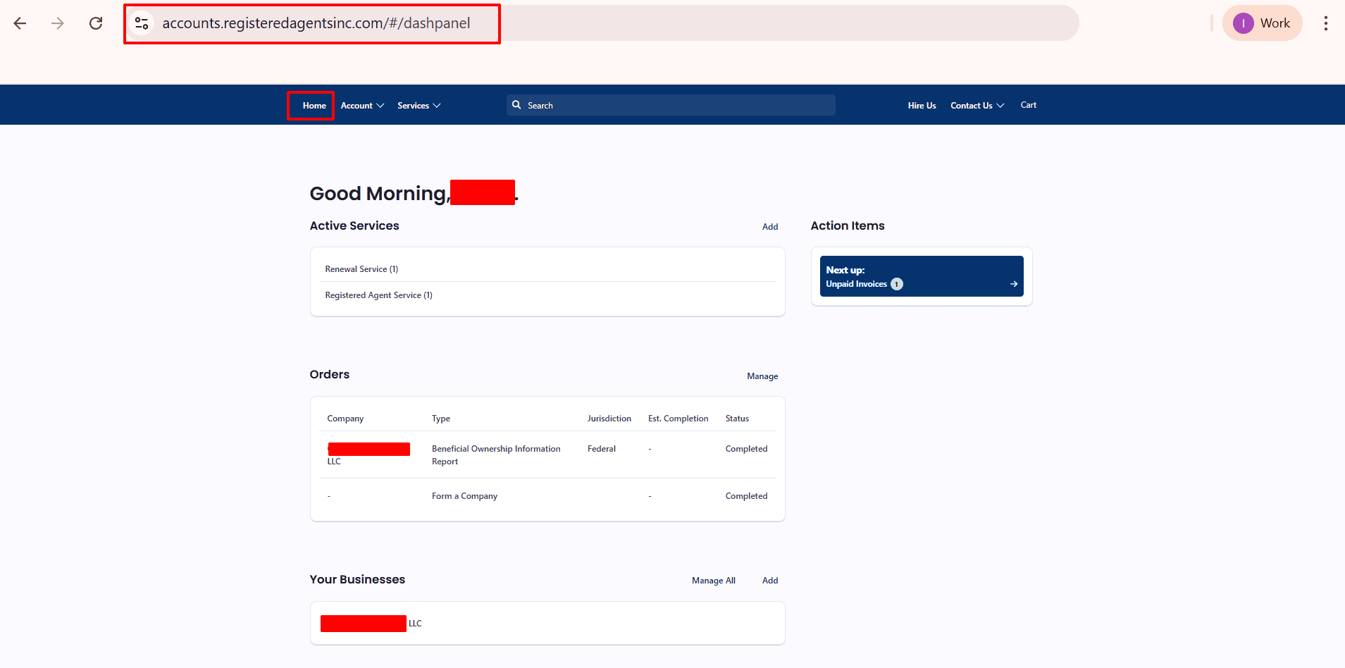 Registered Agent dashboard