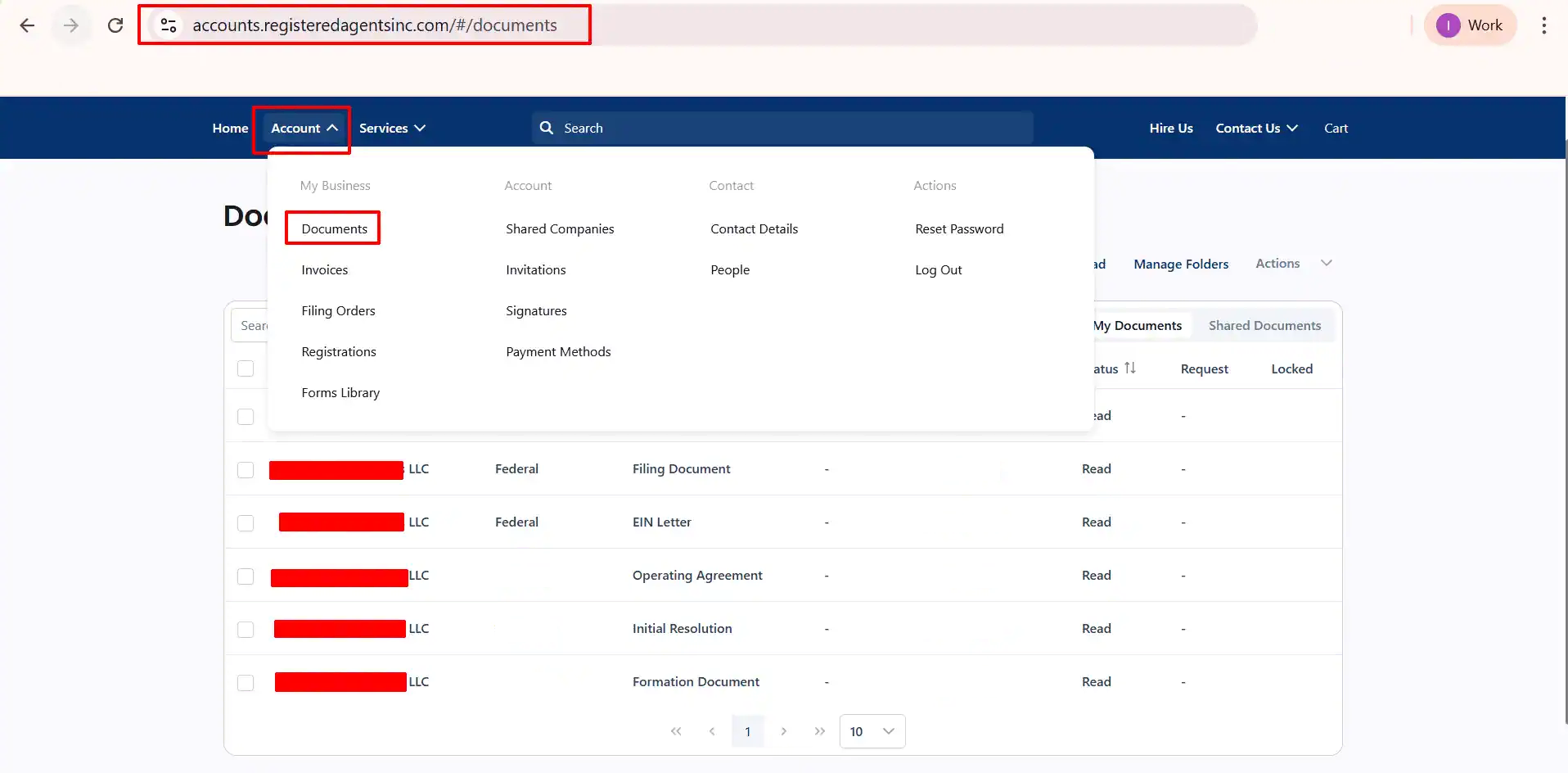 Registered Agent dashboard with LLC documents