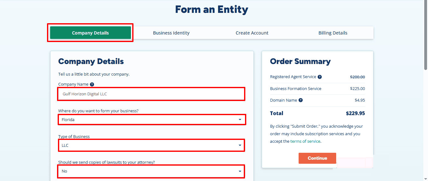 The alt text describes a Florida LLC formation form that shows Gulf Horizon Digital LLC as the entity, Florida as the selected state, an LLC as the business type, and an example order total of $229.95.