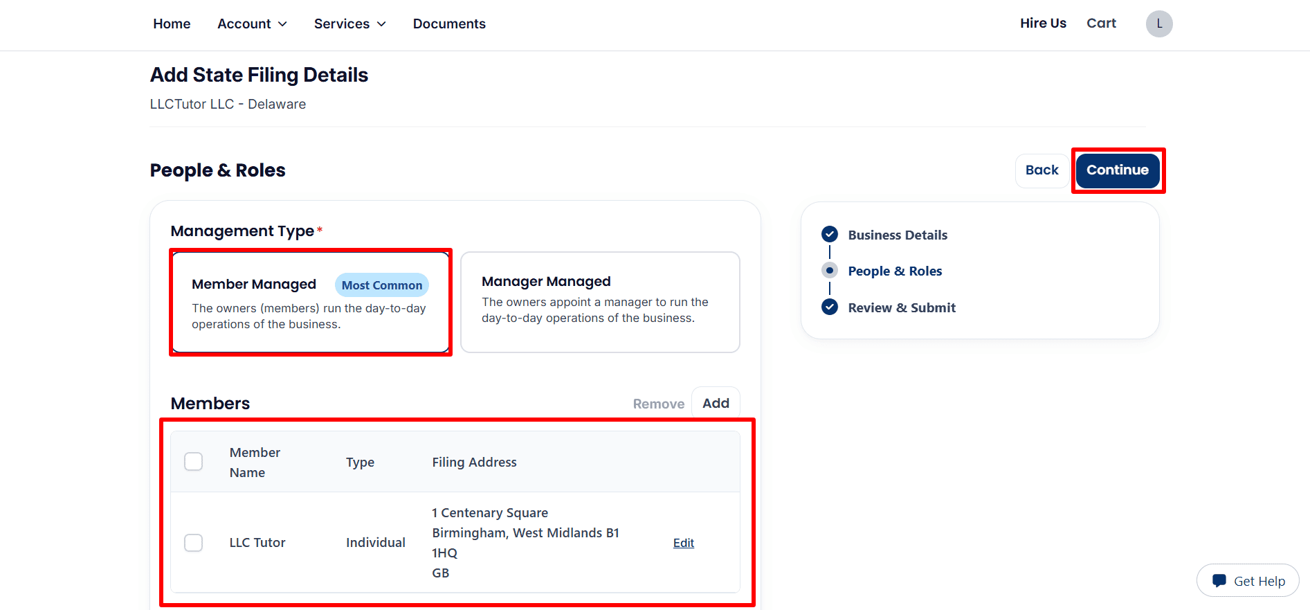 The page depicting the People & Roles section with Member Managed chosen, an entry for an individual member, and the controls used to edit the member.