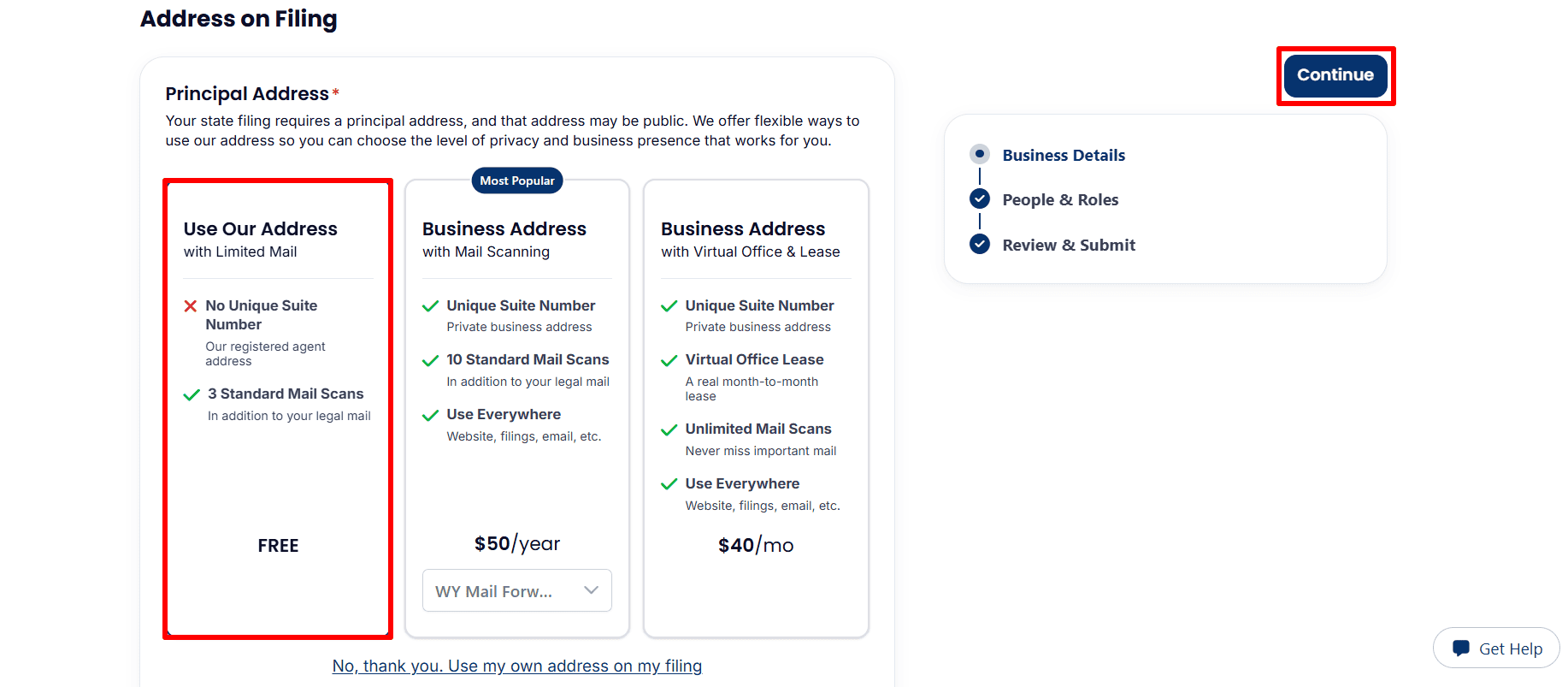 Principal address options showing the provider’s limited-mail address, optional paid address services, and a link to use your own address.