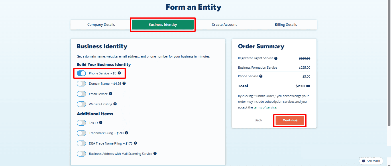 A Business Identity page with the Phone Service as an option, the Tax ID and the other add-ons switched off, and an example order total of $230.