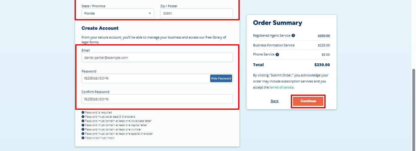 The account setup form includes fields for the state, postal code, email address, password, and password confirmation, as well as a Continue button.
