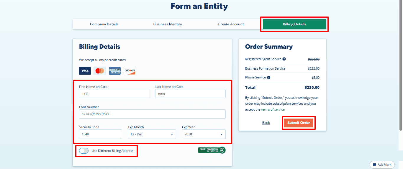 Billing Details page showing cardholder and payment fields, a different billing address option, and a $230 example order total.
