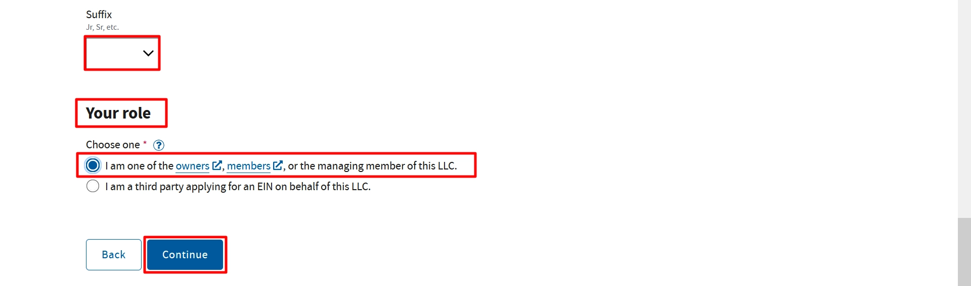 The alt text for the IRS EIN application shows the suffix field, the owner or member role that has been selected, and the Continue button.