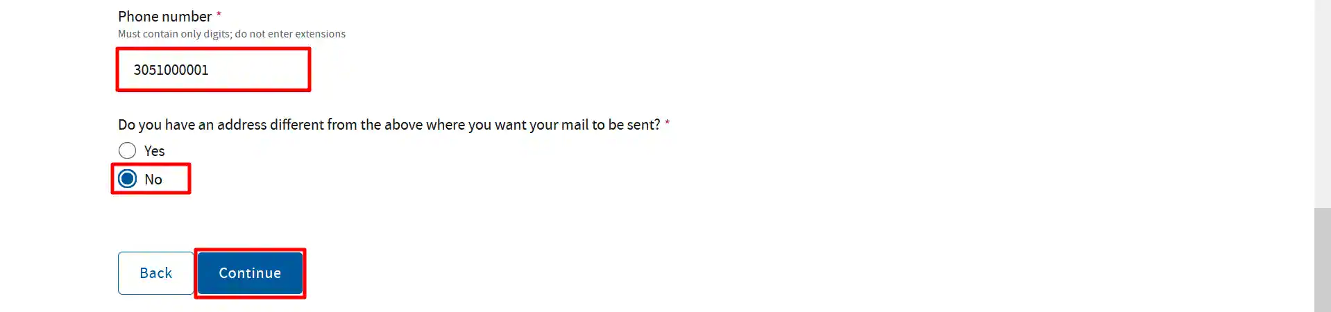 The alternative text describes the IRS EIN application, highlighting the phone number field, the question about a different mailing address, and the Continue button.