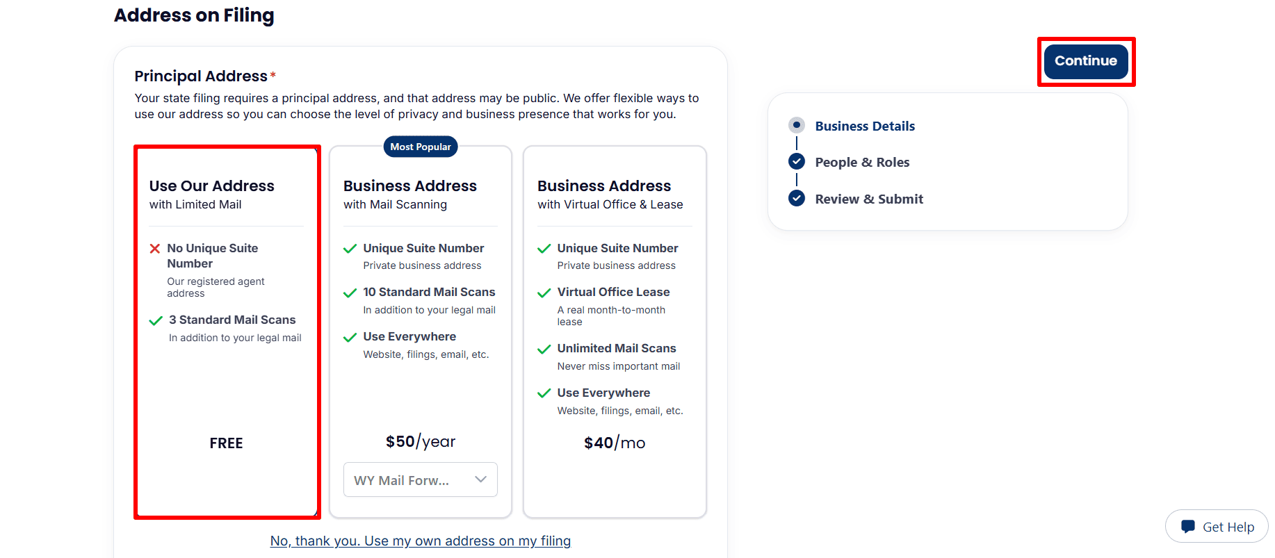 Principal address options showing a free limited-mail address, paid address services, and an own-address link