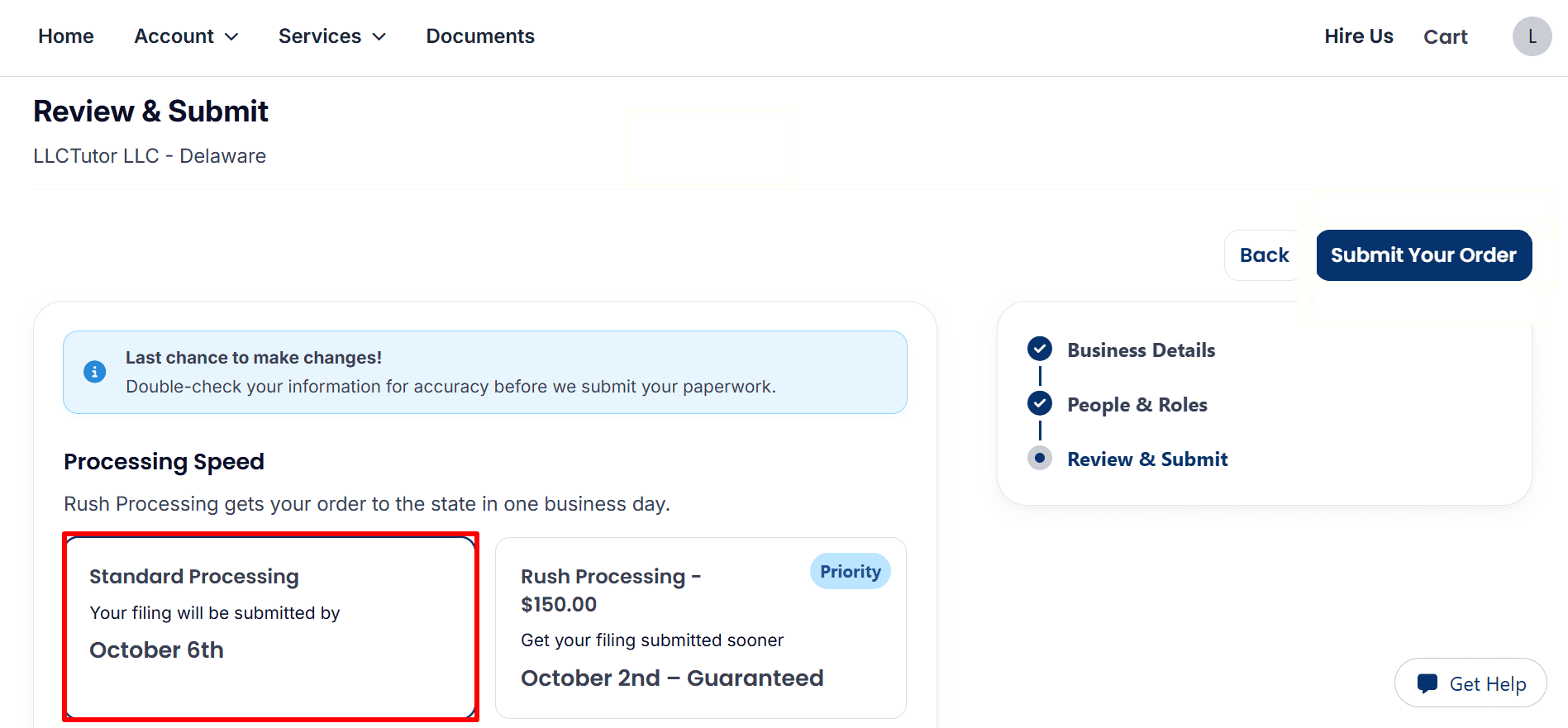The alt text describes the Review & Submit page with Standard Processing chosen and an optional Rush Processing option available.