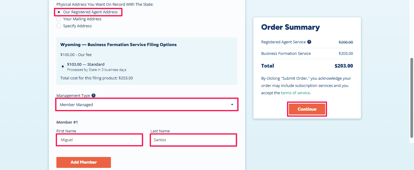 The alt text describes an LLC application with the selected address for the registered agent, options available when filing in Wyoming, a member-managed structure, the name Miguel Santos, and an example total of $203.