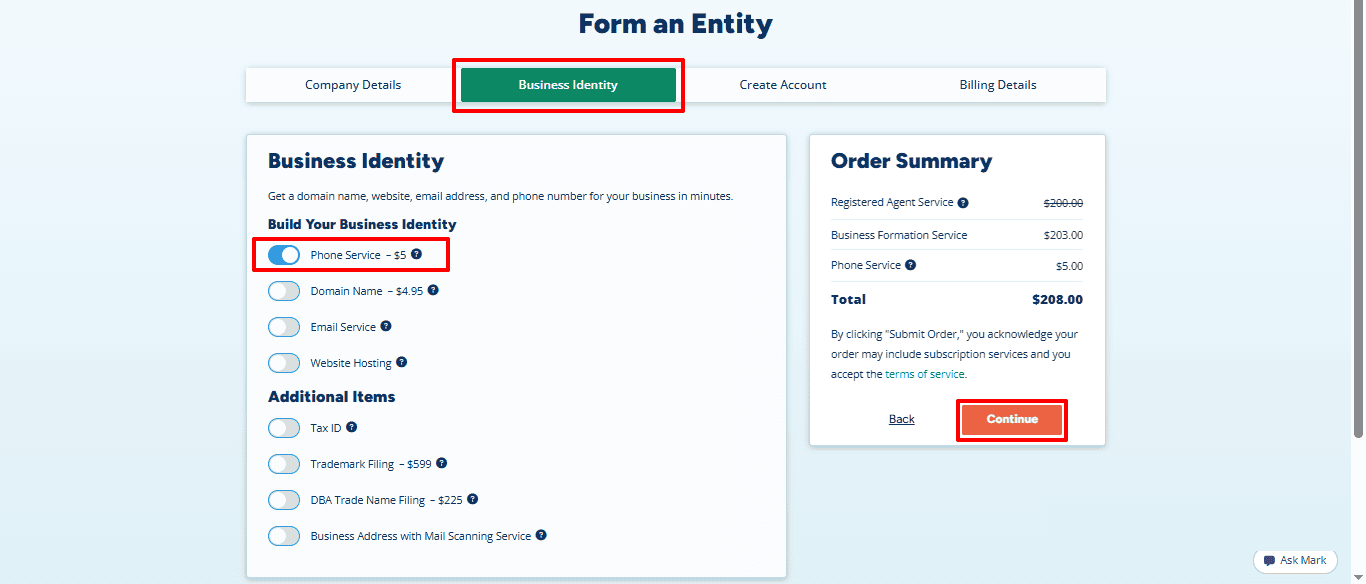 A page that offers optional business services, with the Phone Service option available and an example total of $208.