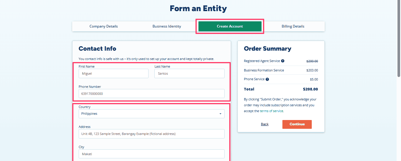 Create Account page showing contact name, phone number, country, address, and city fields.