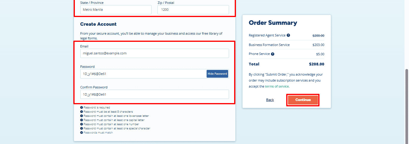 The form for setting up an account displays the province, the postal code, the email address, the password confirmation, and a Continue button.
