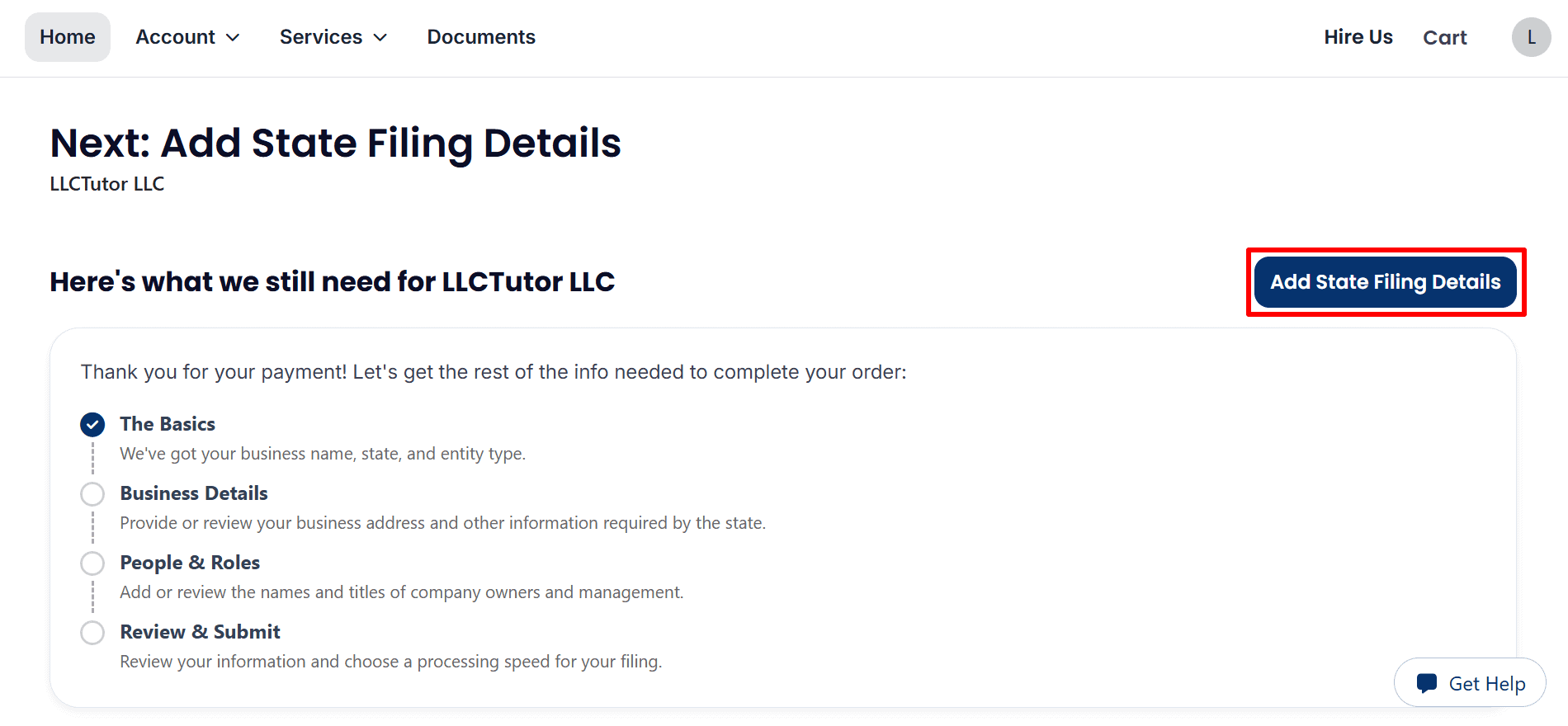 The dashboard for LLCTutor LLC after a payment has been made displays the 'Add State Filing Details' button as well as the other sections that still need to be completed.